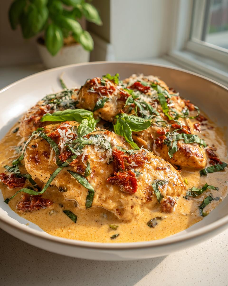 Close-up of Marry Me chicken in a creamy sauce with sun-dried tomatoes, basil, and parmesan cheese.