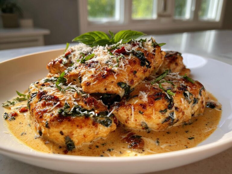 Close-up of Marry Me Chicken breasts on a plate, topped with herbs, parmesan, and a creamy sauce.