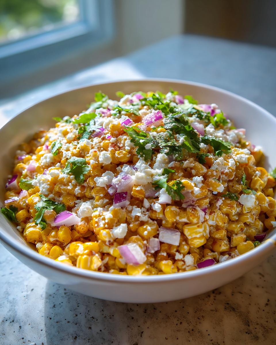 A vibrant bowl of Mexican street corn salad with corn, cotija cheese, red onion, and cilantro.