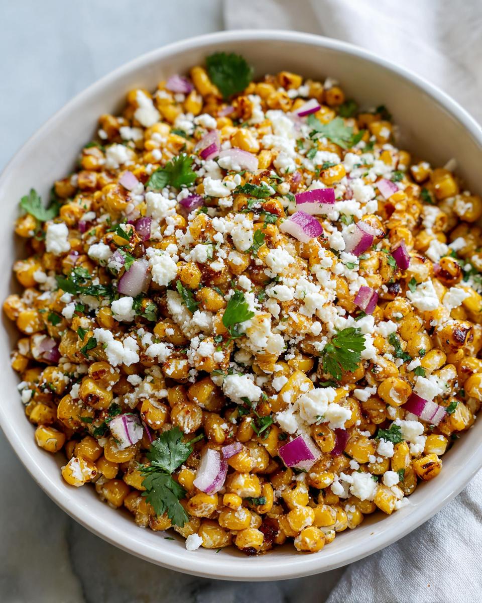 A vibrant bowl of Mexican street corn salad with charred corn, crumbled cheese, red onion, and cilantro.