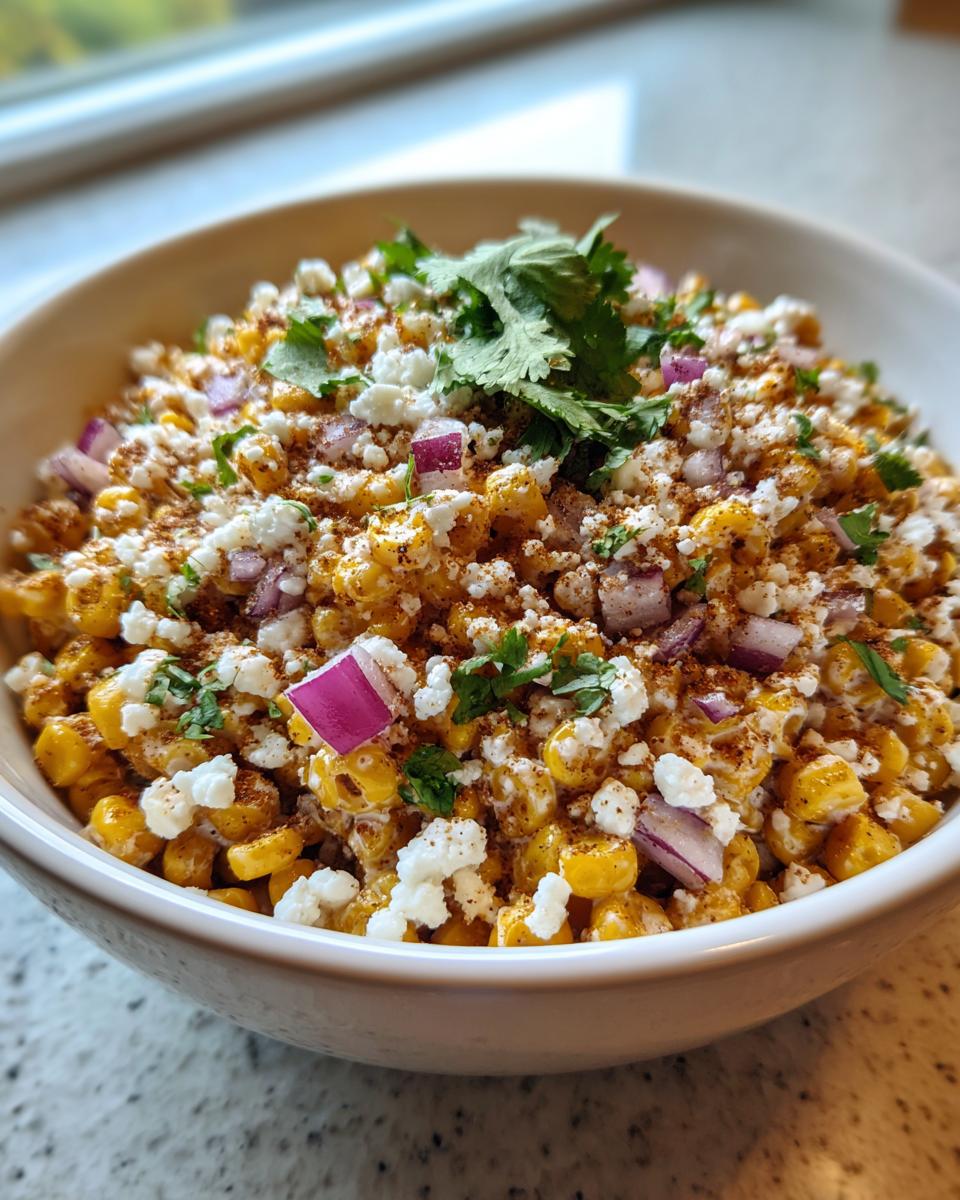 A bowl of vibrant Mexican street corn salad with corn, cheese, red onion, chili powder, and cilantro.