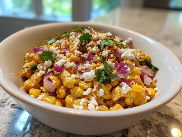A bowl of vibrant Mexican street corn salad with corn, red onion, cheese, cilantro, and chili powder.