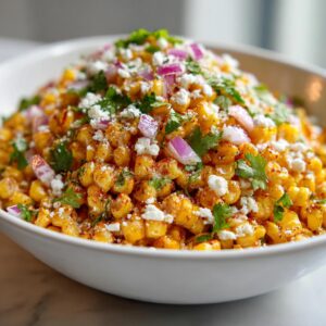 Bowl of vibrant Mexican street corn salad with corn, cotija cheese, red onion, cilantro and chili powder.