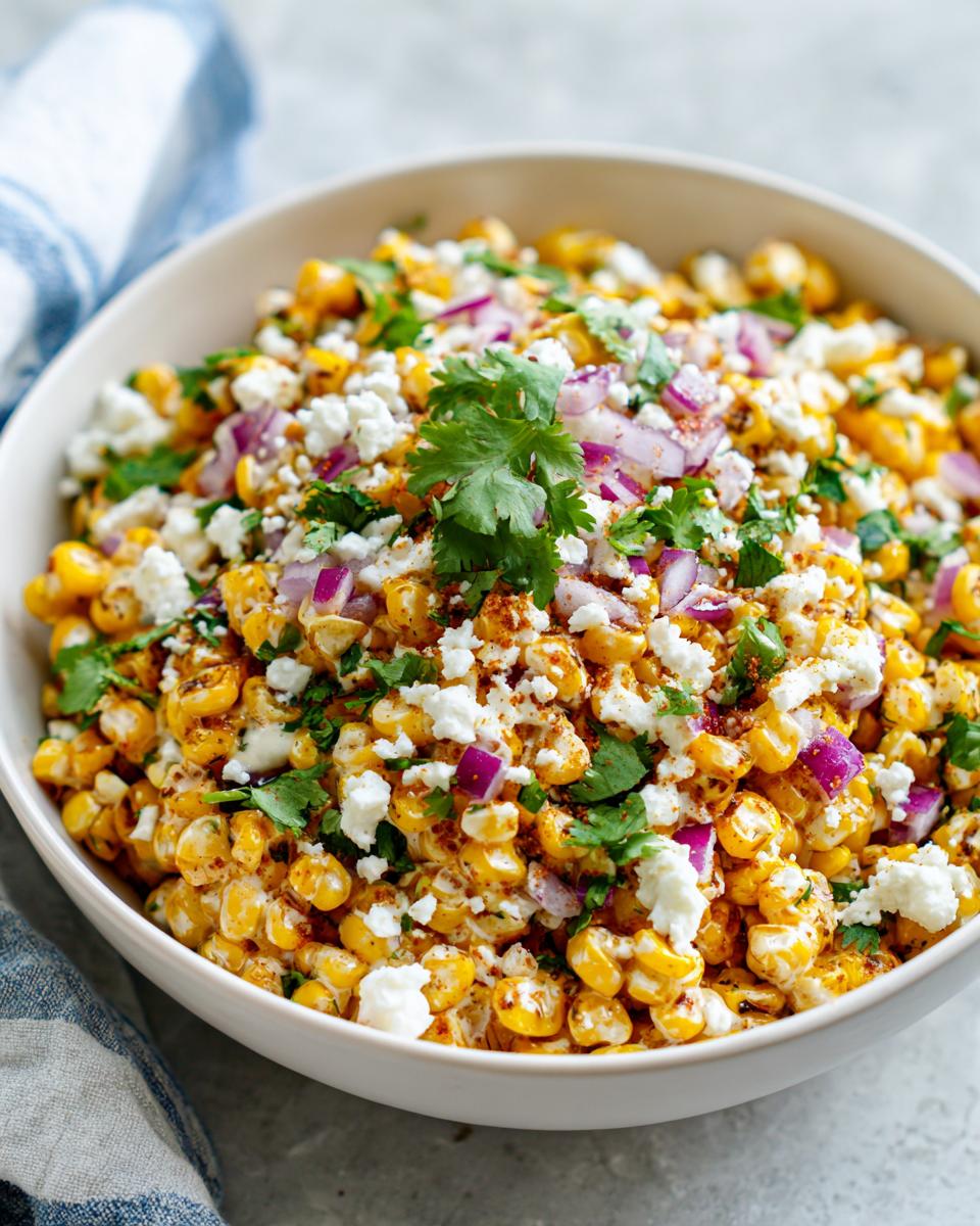 A vibrant bowl of Mexican street corn salad with corn, cotija cheese, red onion, cilantro, and chili powder.