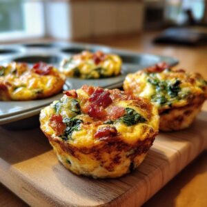 Close-up of homemade mini quiche muffins with spinach and bacon on a wooden board. Perfect for breakfast or brunch.