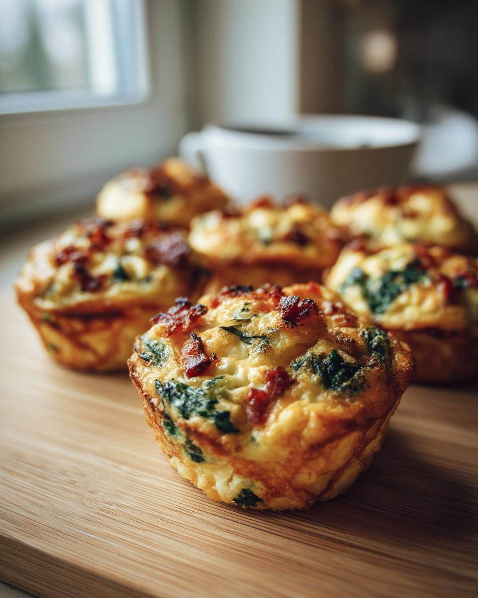 Close-up of homemade mini quiche muffins with spinach and bacon on a wooden board.