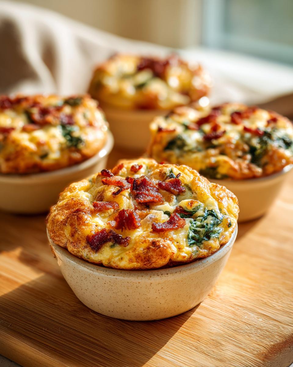 Four mini quiche muffins in ramekins, topped with bacon and spinach, sitting on a wooden board.