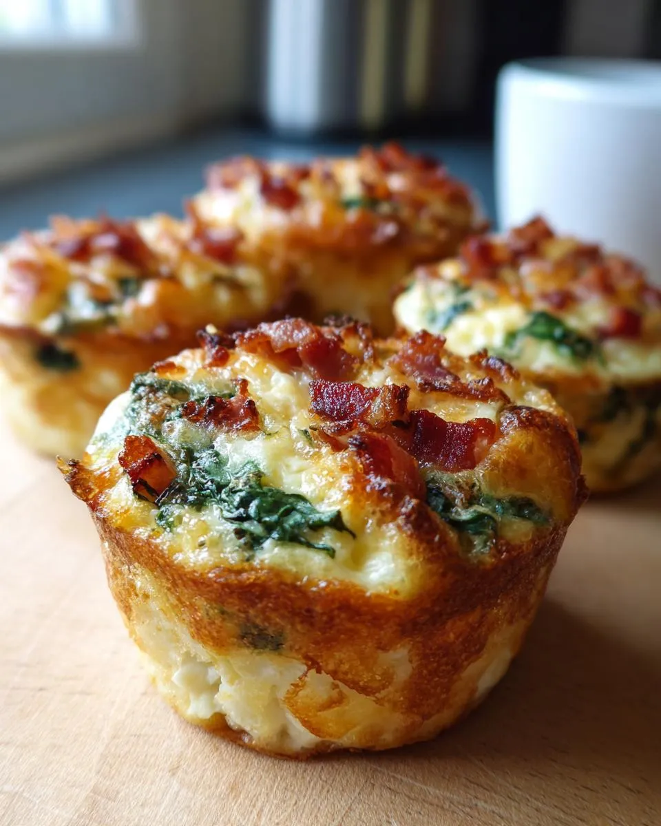 Close-up of several mini quiche muffins topped with bacon and spinach on a wooden board.