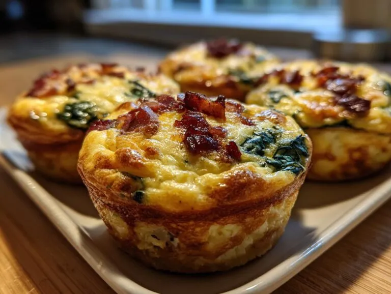 Close-up of homemade mini quiche muffins with spinach and bacon on a white plate. Perfect for breakfast or brunch.