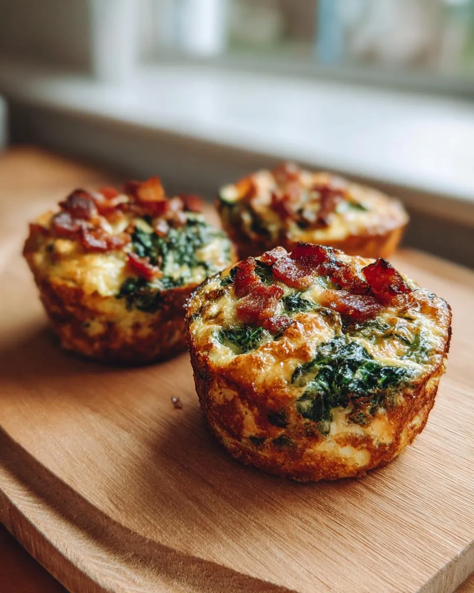 Three mini quiche muffins with spinach and bacon topping, sitting on a wooden board.
