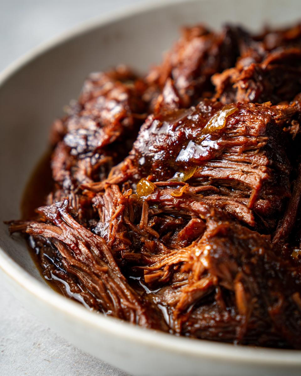 Close-up of tender, shredded Mississippi pot roast in a bowl with flavorful juices.
