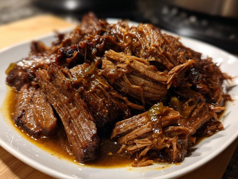 Close-up of tender Mississippi pot roast served on a white plate with rich, savory gravy.