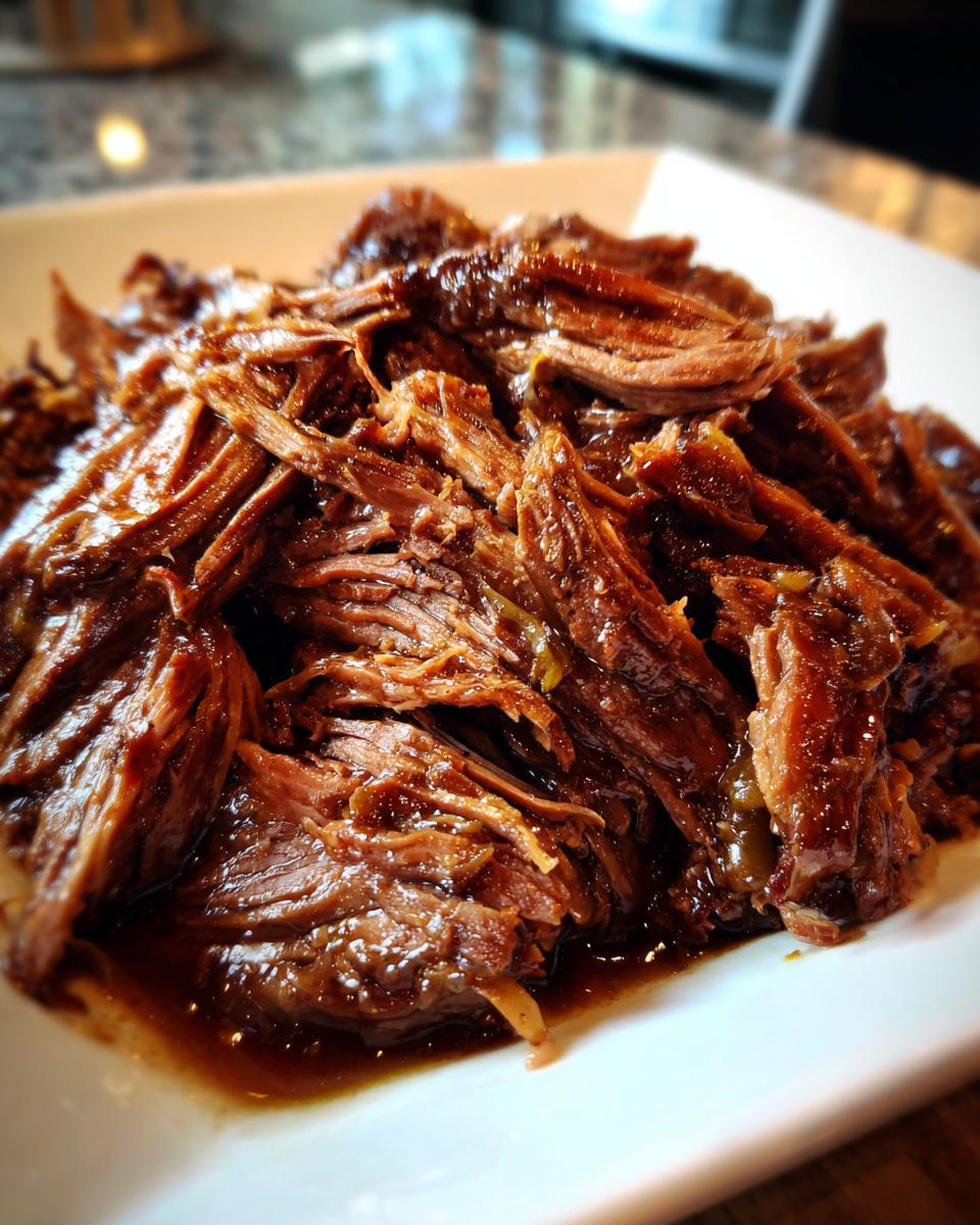 Close-up of tender, shredded Mississippi pot roast with rich gravy, served on a white plate.