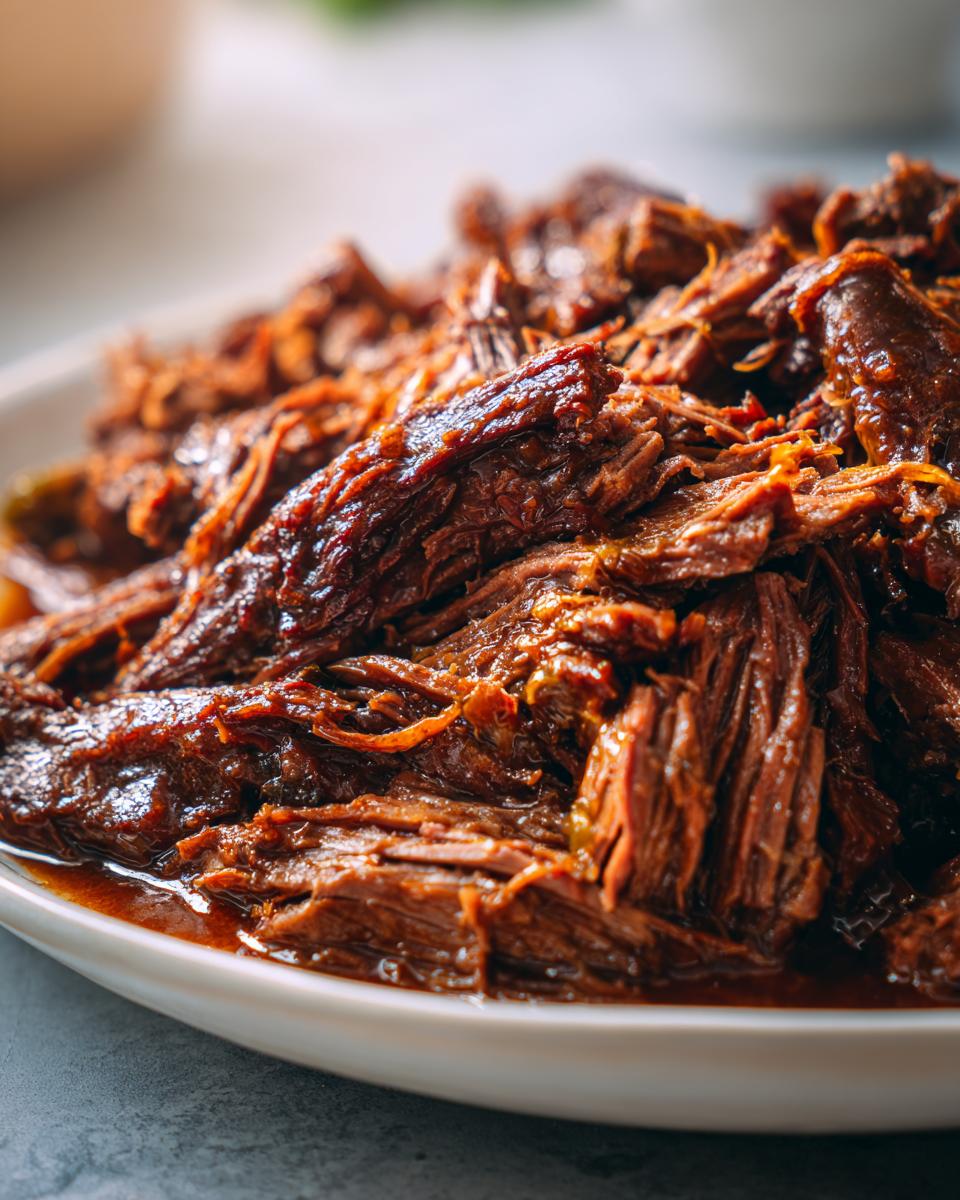 Close-up of juicy, shredded Mississippi pot roast served on a white plate.