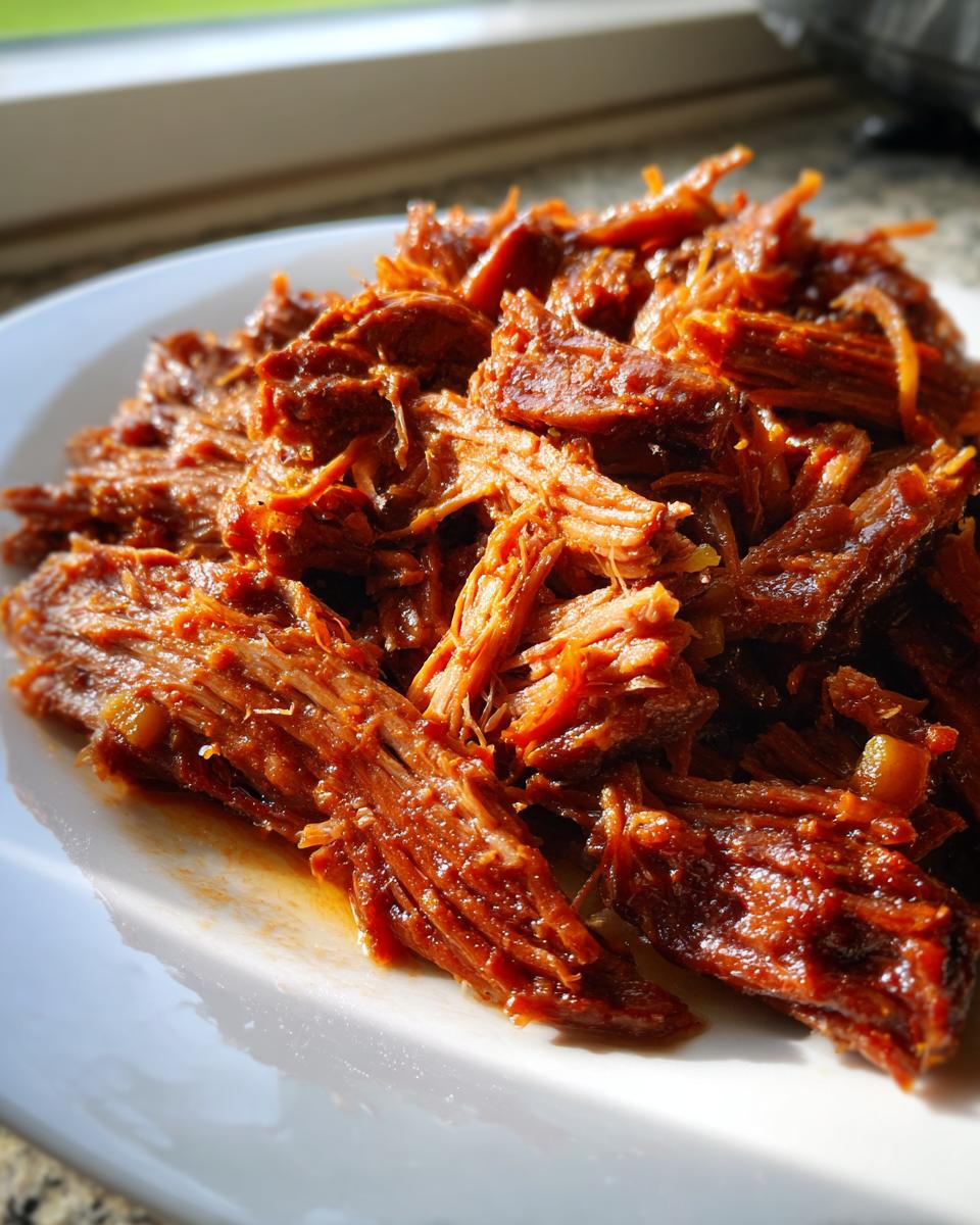 Close-up of tender, shredded Mississippi pot roast served on a white plate, ready to eat.