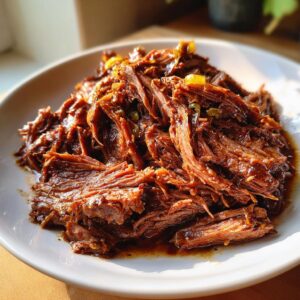 Close-up of a plate of shredded Mississippi pot roast, glistening with savory juices and tender meat.