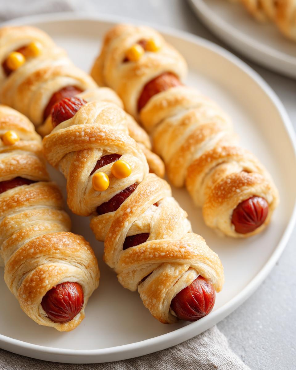 Three Mummy Hot Dogs on a white plate, baked in pastry with candy eyes for a spooky Halloween treat.