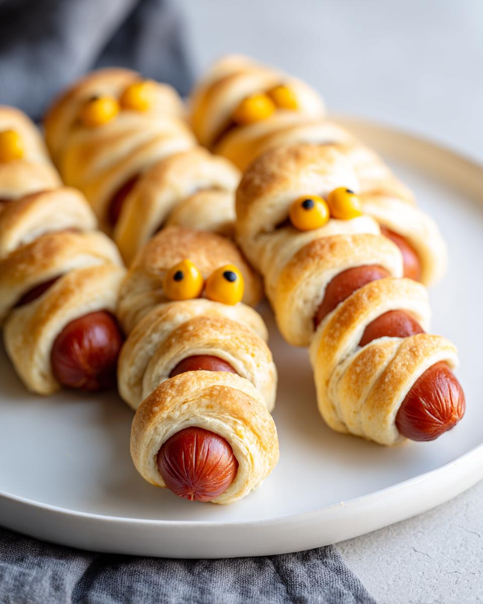 A plate of adorable Mummy Hot Dogs, perfect for a Halloween treat! Hot dogs wrapped in pastry with candy eyes.