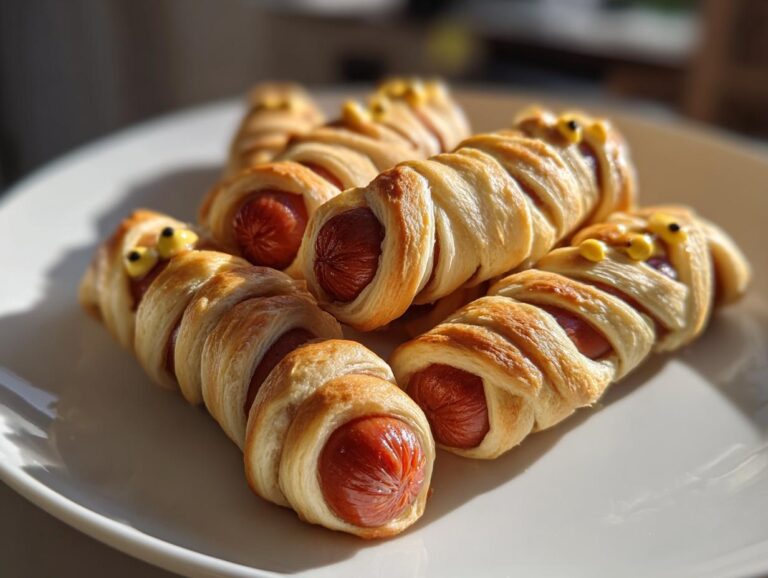 A plate of Mummy Hot Dogs, wrapped in pastry with mustard eyes, ready for a Halloween treat.