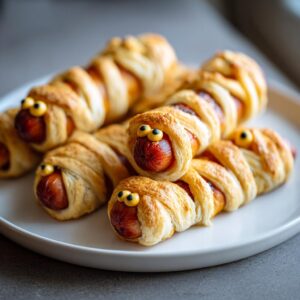 A plate of Mummy Hot Dogs, baked and decorated with mustard eyes for a fun Halloween treat.