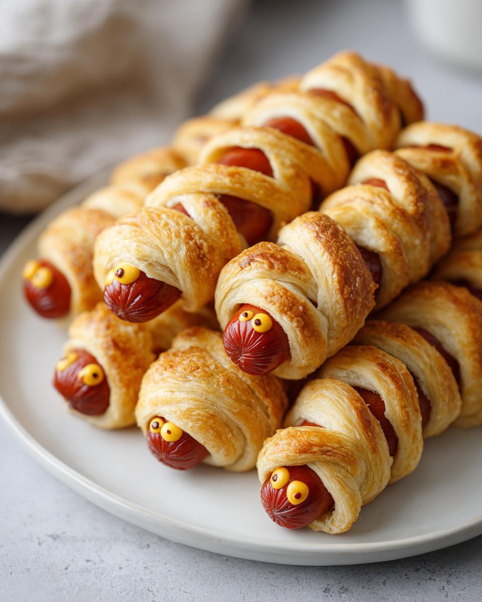 A pile of Mummy Hot Dogs on a white plate, wrapped in pastry and decorated with mustard eyes.