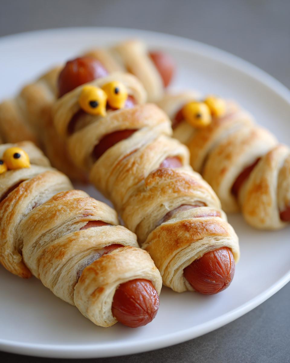 Three Mummy Hot Dogs on a white plate, wrapped in pastry and decorated with candy eyes.