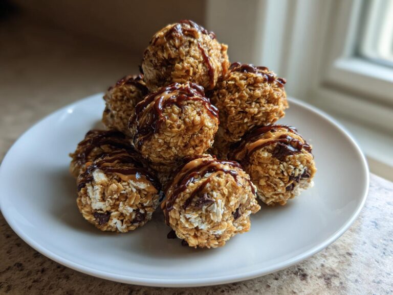 A stack of no-bake energy bites drizzled with chocolate and peanut butter on a white plate.
