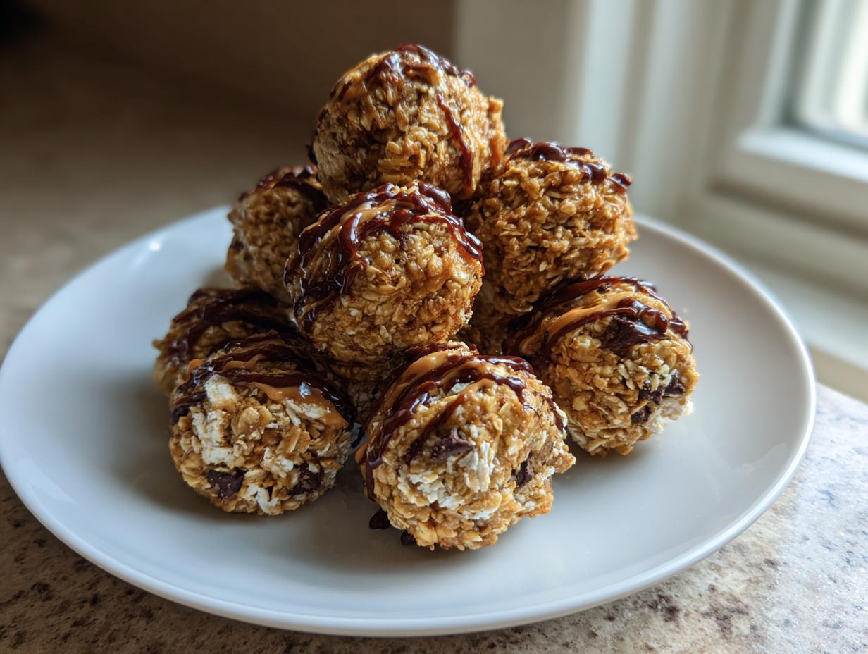 A stack of no-bake energy bites drizzled with chocolate and peanut butter on a white plate.