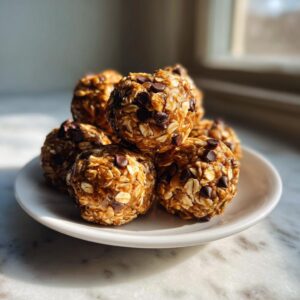 A stack of no-bake energy bites on a white plate, featuring oats and chocolate chips.