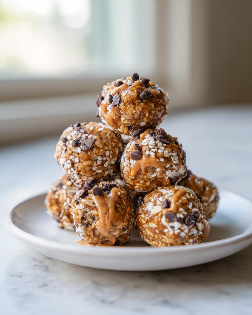 A stack of delicious no-bake energy bites on a plate, featuring oats, chocolate chips, and peanut butter drizzle.