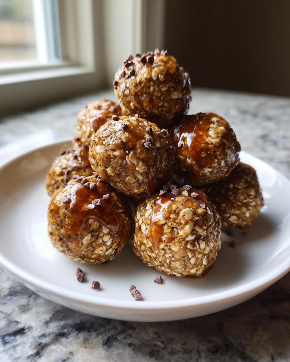 A stack of no-bake energy bites on a white plate, topped with chocolate chips and a drizzle of caramel.