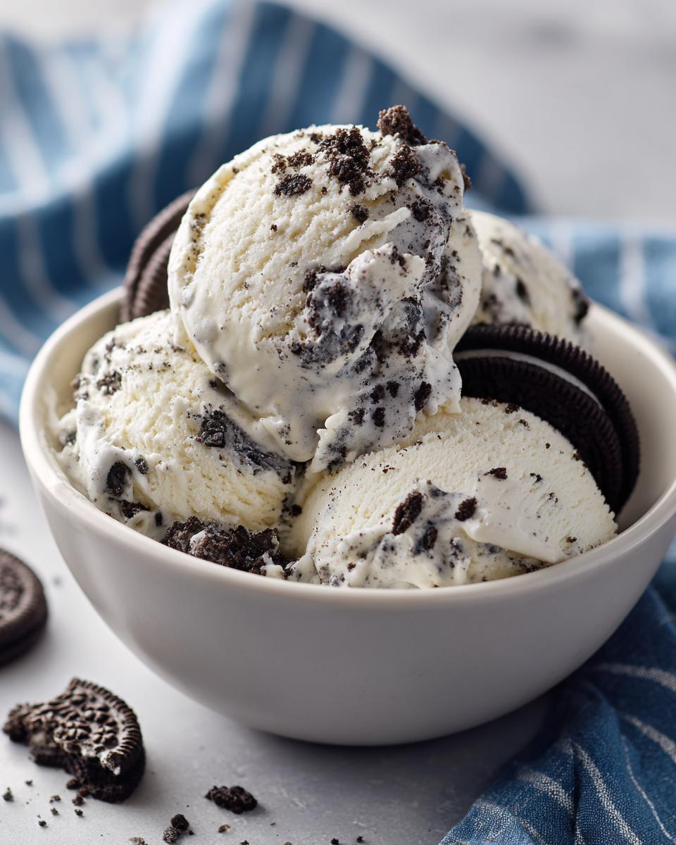 A bowl of creamy no-churn Oreo ice cream with Oreo cookies and crumbs, set against a blue striped cloth.
