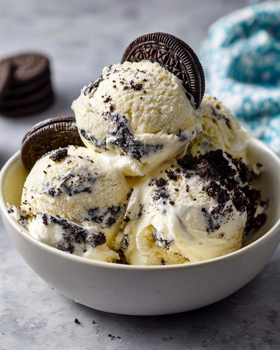 A bowl of creamy no-churn Oreo ice cream with Oreo cookies on top.