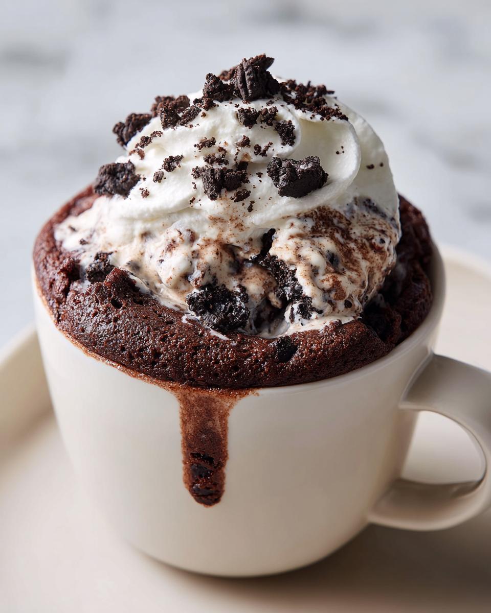 A close-up of an Oreo mug cake topped with whipped cream and Oreo crumbles in a white mug.