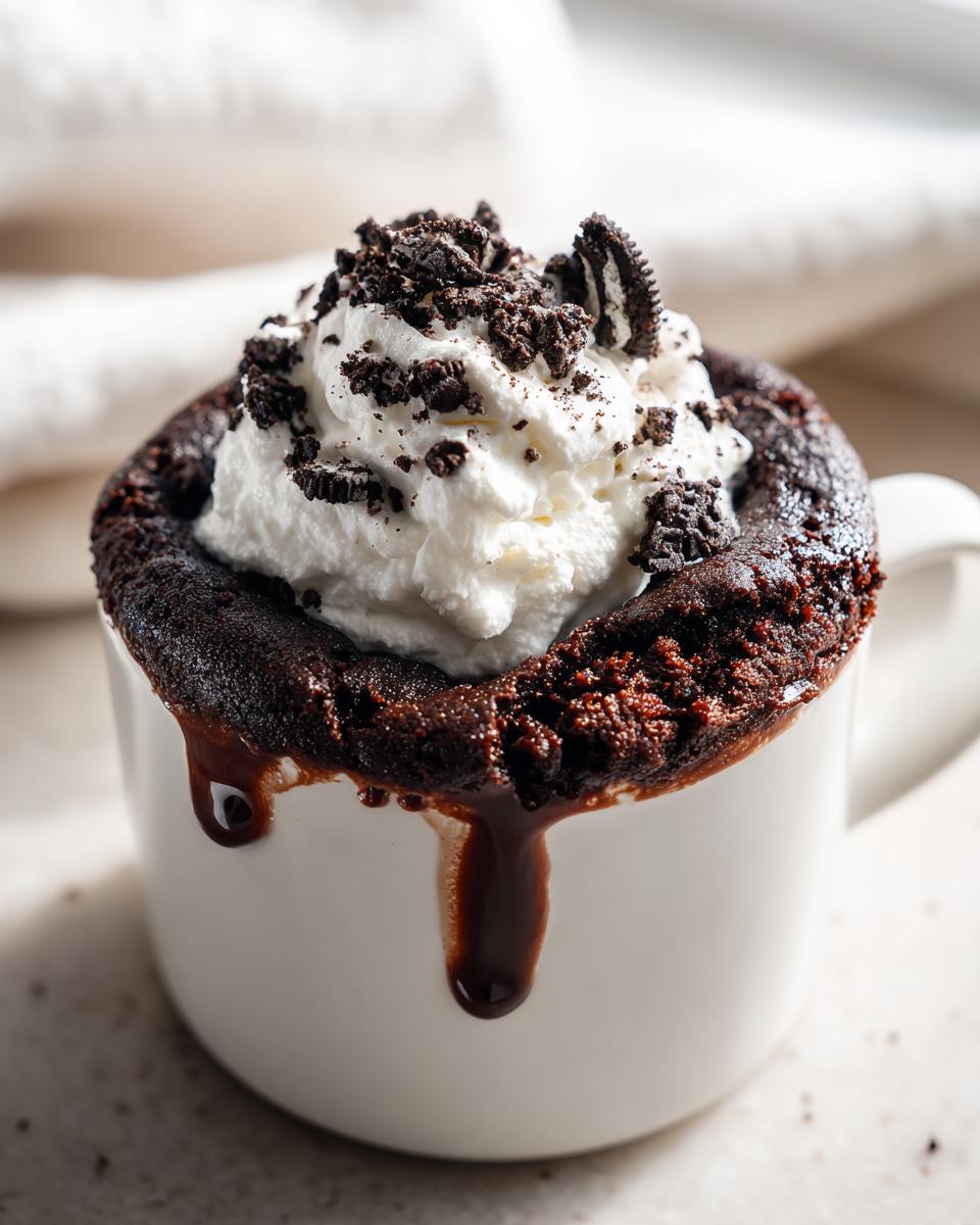 Close-up of a freshly baked Oreo mug cake topped with whipped cream and crushed Oreos in a white mug.