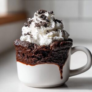A decadent Oreo mug cake in a white mug, topped with whipped cream and Oreo crumbles.