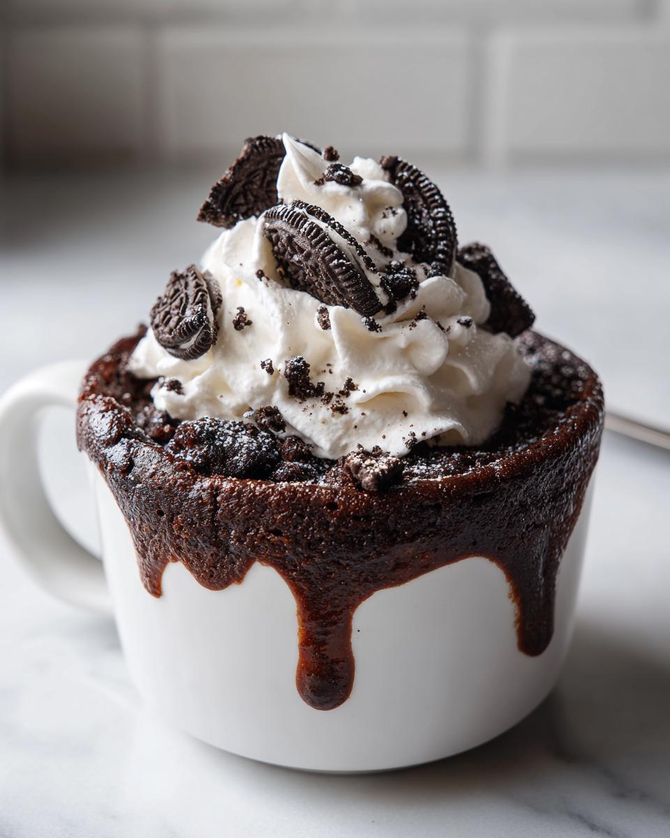 Close-up of an Oreo mug cake in a white mug, topped with whipped cream and Oreo pieces.
