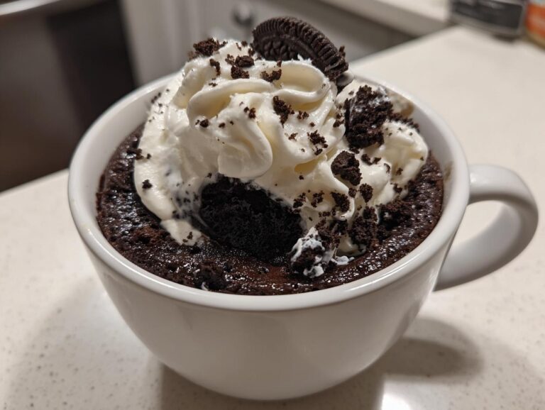 Close-up of an Oreo mug cake in a white mug, topped with whipped cream and Oreo crumbles.