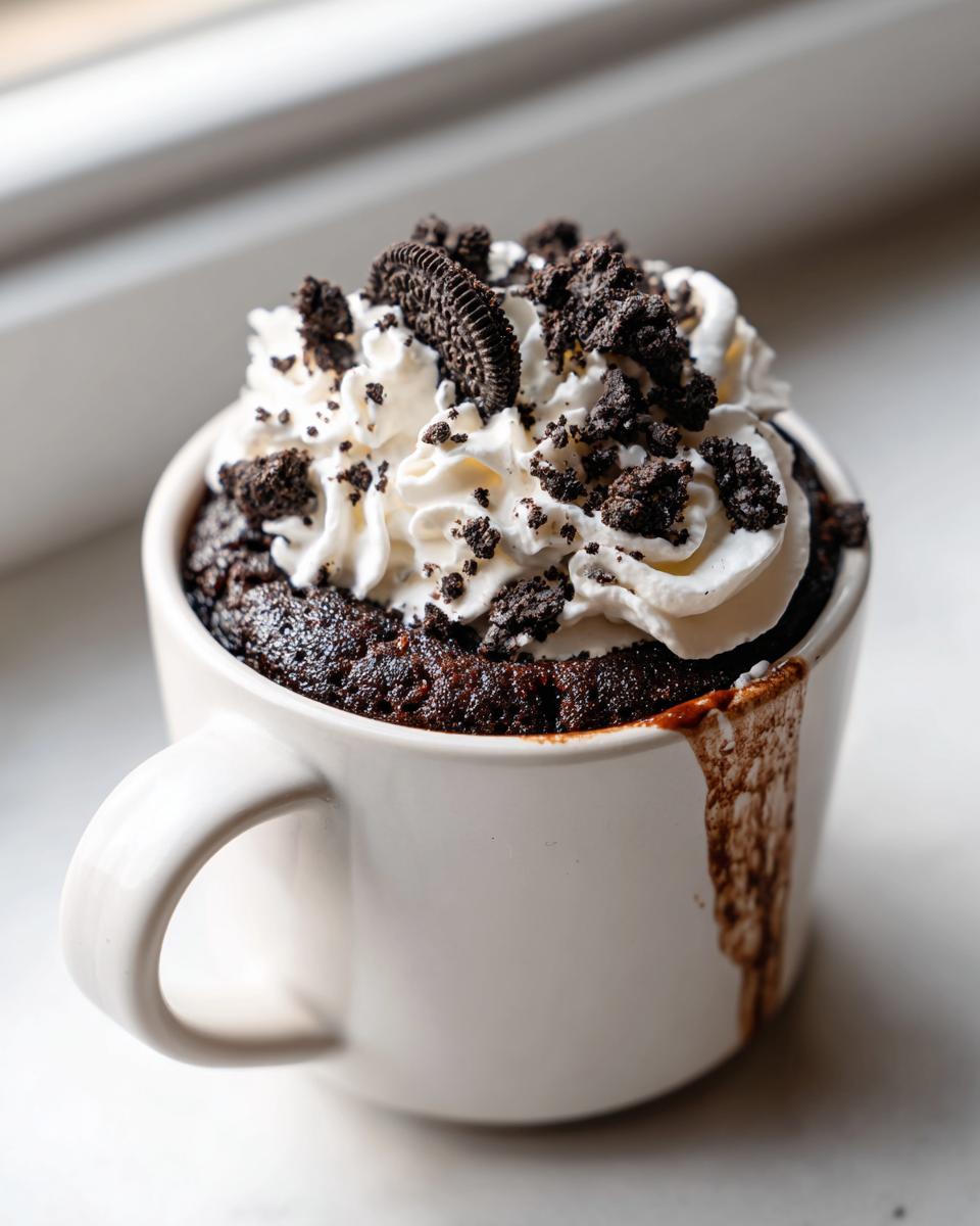 A close-up of an Oreo mug cake topped with whipped cream and crushed Oreo cookies.