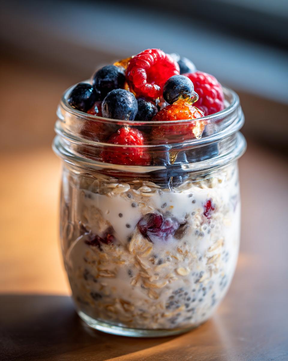 Close-up of overnight oats jars topped with fresh blueberries and raspberries, ready to eat.