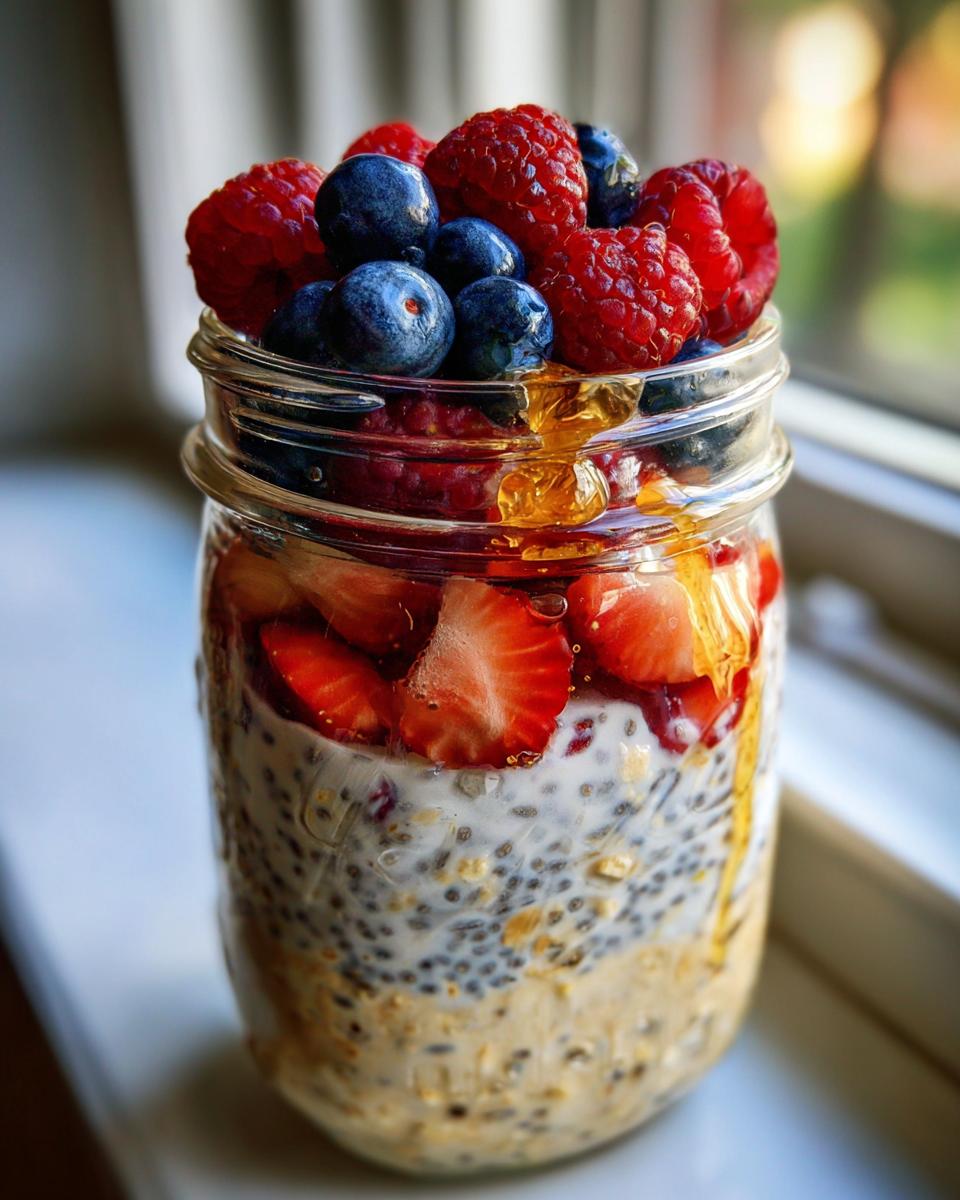 Close-up of overnight oats jars with layers of oats, chia seeds, strawberries, and a mixed berry topping.