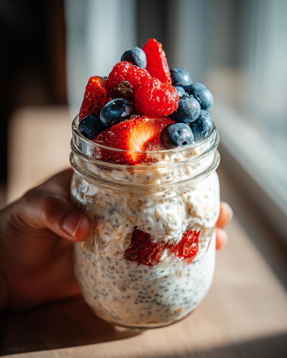 Hand holding a glass jar filled with overnight oats and topped with fresh strawberries and blueberries. Overnight oats jars.