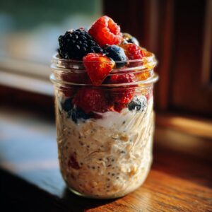 A mason jar filled with overnight oats and topped with fresh berries like raspberries, blueberries, and blackberries.