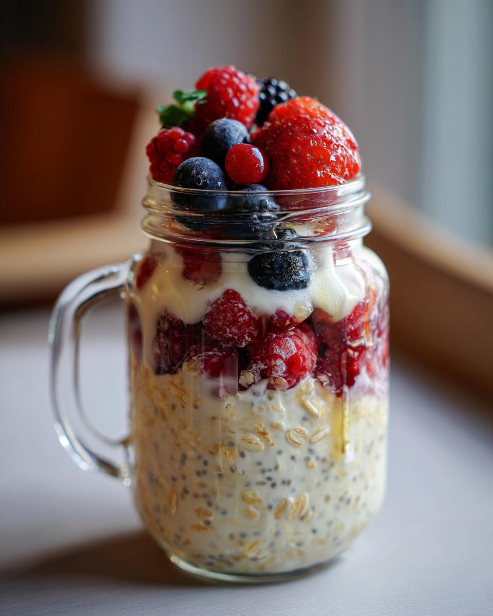 Close-up of overnight oats jars layered with oats, yogurt, and fresh berries like strawberries, blueberries, and raspberries.