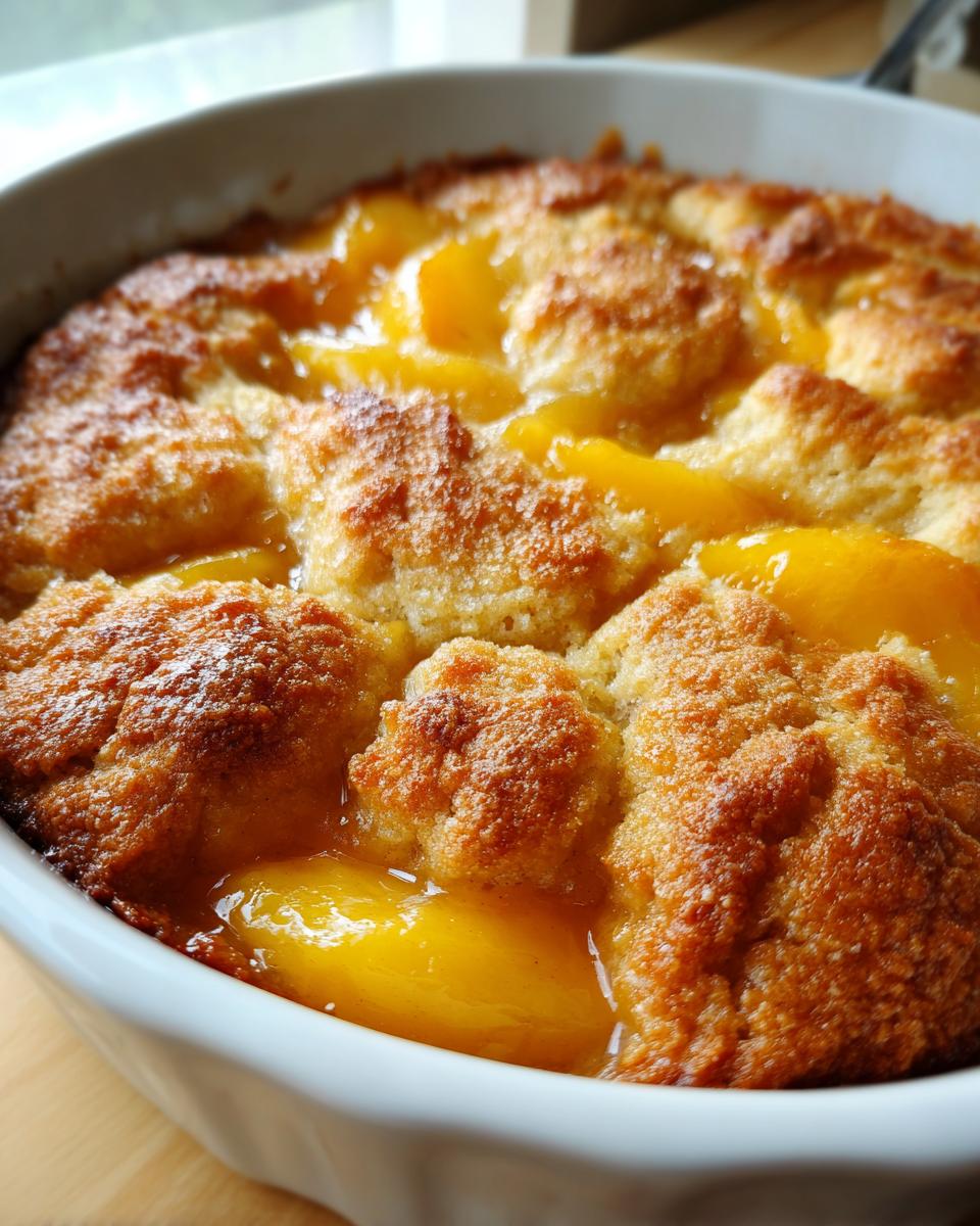 Close-up of a golden brown Peach Cobbler with Fresh Peaches in a white baking dish.