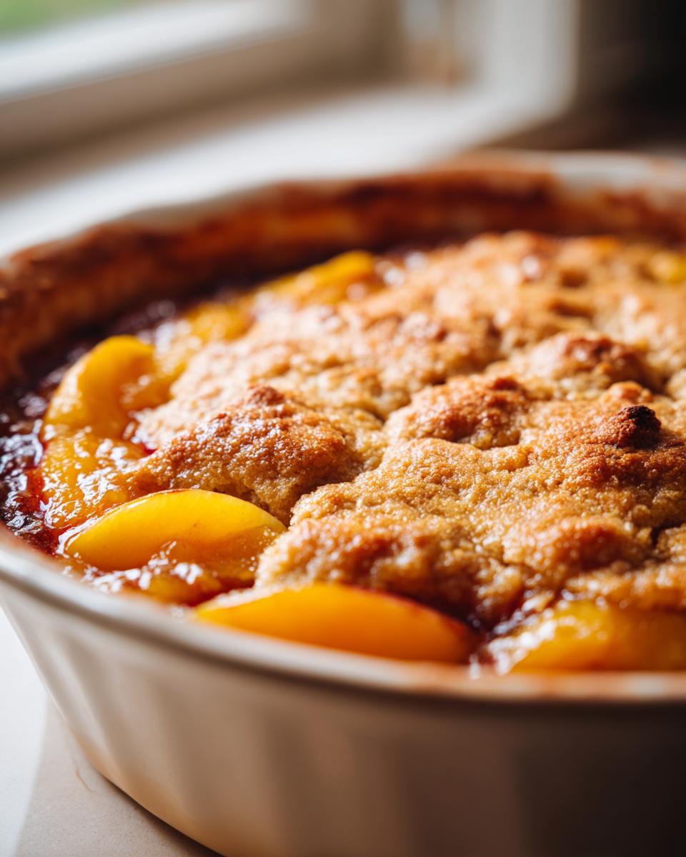 Close-up of a freshly baked Peach Cobbler with Fresh Peaches, showcasing the golden crust and juicy peach filling.