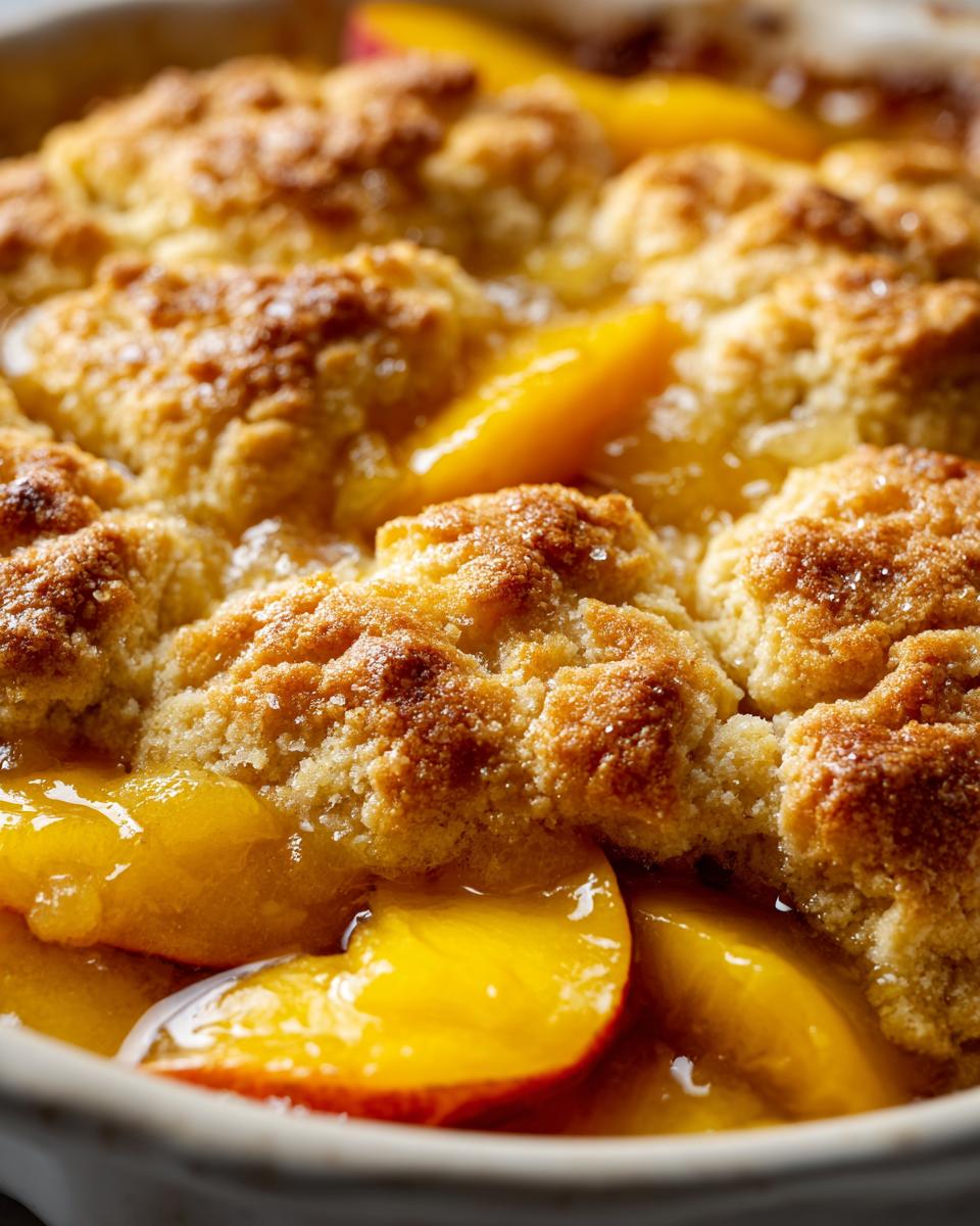 A close-up of Peach Cobbler with Fresh Peaches, showing the golden crust and juicy peach filling.