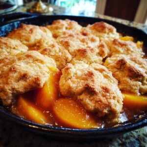 Close-up of a Peach Cobbler with Fresh Peaches in a cast iron skillet, featuring golden-brown biscuit topping.