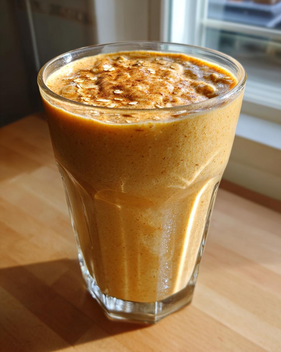 A glass filled with a creamy peach cobbler smoothie, topped with oats and cinnamon.