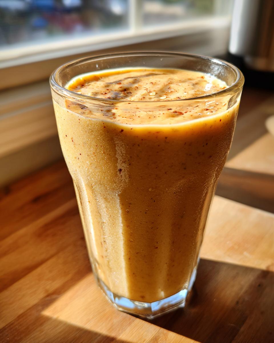 A glass filled with a creamy peach cobbler smoothie, topped with spices, on a wooden surface.
